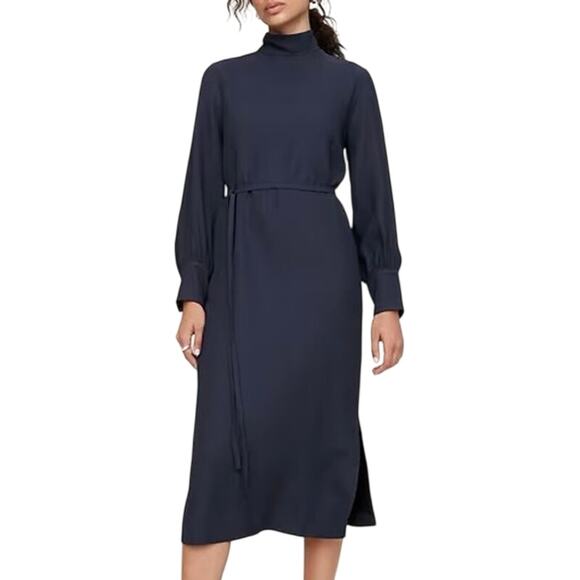 Banana Republic NWT $220 Crepe Mock Neck Midi Dress Navy Blue Belted LARGE  - www.jkreigsman.com